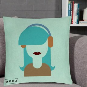 Perna Decorativa Fata cu Casti Muzica Grafic, 40x40 cm, Verde Menta, Husa Detasabila, Perna Inclusa, BEKZ®