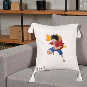 Perna Personalizata One Piece Luffy Gear Second Foc, 40x40 cm, Bej cu Franjuri, Husa Detasabila, Perna Inclusa, BEKZ®