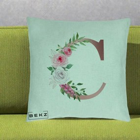 Cadou Personalizat - Perna Personalizata Monograma Rose Gold Litera C, 40x40 cm, Verde Menta, Husa Detasabila, Perna Inclusa, BEKZ®