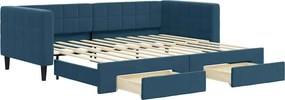 vidaXL Pat de zi cu extensie și sertare, albastru, 90x200 cm, catifea