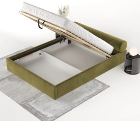 Pat matrimonial verde închis tapițat cu spațiu de depozitare cu somieră 180x200 cm Solvo – Maison de Rêve