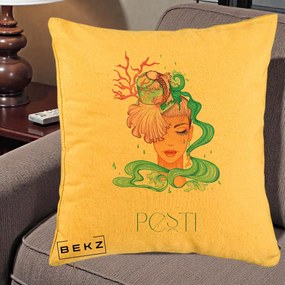 Perna Personalizata Zodiac Pesti Cowgirl, 40x40 cm, Galben, Husa Detasabila, Perna Inclusa, BEKZ®