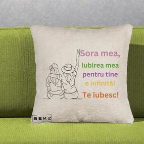 Cadou pentru Sora - Perna Personalizata Sora Mea Te Iubesc Doua Fete cu Palarie si Umbrela, 40x40 cm, Bej Canapea, Husa Detasabila, Perna Inclusa, BEKZ®