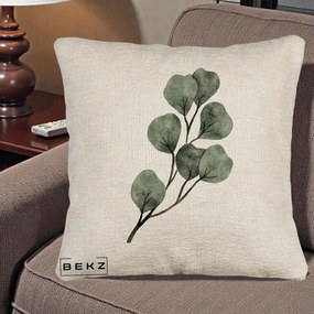 Perna Decorativa Ramura Eucalipt Acuarela, 40x40 cm, Bej Canapea, Husa Detasabila, Perna Inclusa, BEKZ®