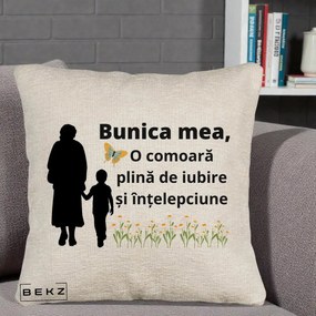 Cadou pentru Bunica - Perna Personalizata Bunica Mea Comoara cu Fluture si Baietel, 40x40 cm, Bej Canapea, Husa Detasabila, Perna Inclusa, BEKZ®