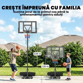 SPORTNOW Coș de Baschet Exterior Reglabil pe Înălțime 135-305 cm, Coș de Baschet cu Roți, Bază Umplibilă, Sac de Greutate, Panou Rezistent, Portabil pentru Interior și Exterior, Negru | Aosom Romania