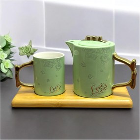 Set Ceainic 500 ml si Cana 230 ml Portelan LOVE WINS, tava bambus 12x28 cm, Verde