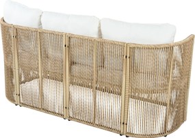 Set mobilier de grădină din PE‑rattan, 5 piese, canapea 3 locuri, 2 fotolii și masă cu blat din sticlă, Bej+Negru+Alb