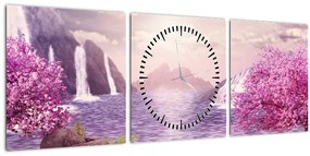 Tablou cu pomi roz cu lac (cu ceas) (90x30 cm)