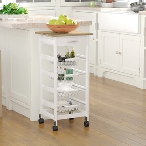 HOMCOM Cărucior de servire măsuță cu roți multi-rangements 4 coșuri metal + sertar lemn de pin 37 x 37 x 82 cm alb | Aosom Romania