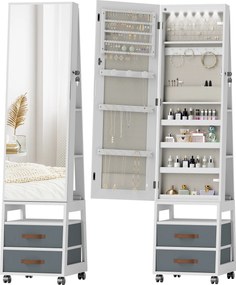 HOMCOM Oglindă Dulap pentru Bijuterii cu LED Interior Roți Pivotant 360° Rafturi Deschise Sertare din Material Textil Alb | Aosom Romania