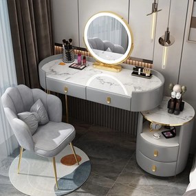 Set Anais, Masă de toaletă pentru machiaj cu oglindă iluminată LED, control touch, 4 sertare, scaun, Gri,