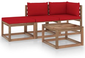 Set mobilier gradina paleti, cu perne, 4 piese, lemn pin tratat Rosu, colt + mijloc + suport pentru picioare + masa, 1