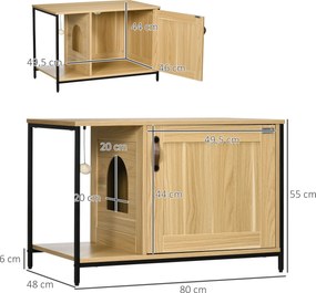 PawHut Casă Toaletă pentru Pisici, cu ușă de intrare laterală și minge suspendată, Oțel Negru și Lemn, 80 x 48 x 55 cm | Aosom Romania