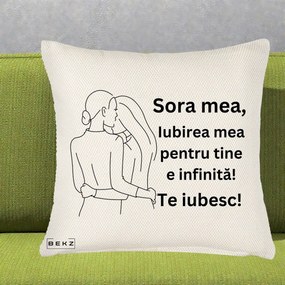 Cadou pentru Sora - Perna Personalizata Sora Mea Te Iubesc Imbratisare din Spate Line Art, 40x40 cm, Crem Reliefat, Husa Detasabila, Perna Inclusa, BEKZ®