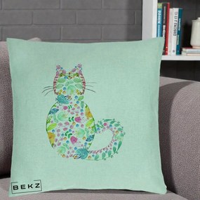 Perna Decorativa Pisica Florala Acuarela, 40x40 cm, Verde Menta, Husa Detasabila, Perna Inclusa, BEKZ®