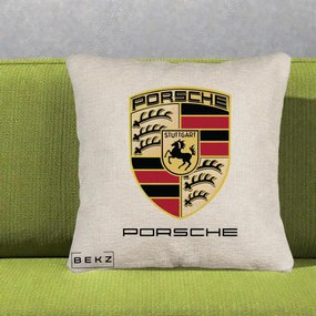 Perna Personalizata Porsche Stuttgart, 40x40 cm, Bej Canapea, Husa Detasabila, Perna Inclusa, BEKZ®