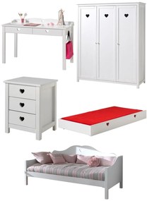 Set AMORI în alb format dintr-un Pat copii cabină (90 x 200 cm), sertar Pat copii, noptieră, Dulap camera copii cu 3 uși și birou.