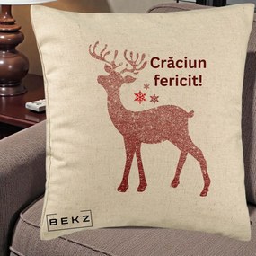 Perna Decorativa Ren Sclipitor Glitter Craciun Fericit, 40x40 cm, Bej, Husa Detasabila, Perna Inclusa, BEKZ®