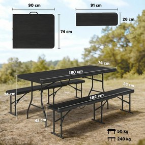 Outsunny Set masă pliantă și bănci de picnic 180 cm cu mânere de transport, negru | Aosom Romania