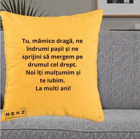 Cadou pentru Mama - Perna Personalizata Mamico Draga Te Iubim La Multi Ani cu Text Negru, 40x40 cm, Galben, Husa Detasabila, Perna Inclusa, BEKZ®