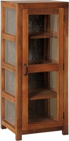 Vitrină mică rustică din lemn reciclat, maro, cu 1 ușă vitrată, laterale vitrate și 3 rafturi, finisaj natural, 127 x 54 x 46 cm, „Marcel”