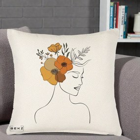 Perna Decorativa Portret Feminin Flori Galbene-Portocalii, 40x40 cm, Crem Reliefat, Husa Detasabila, Perna Inclusa, BEKZ®