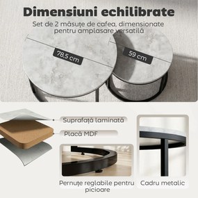 HOMCOM Set 2 Masute de Cafea care se Suprapun, Masute pentru Salon Rotunde din Metal si MDF Efect Marmura, Gri si Negru