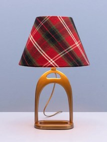 Lampă de masă din lână multicoloră, cu structură din metal auriu, abajur în carouri, finisaj vintage, 29×15×9,5 cm, „Stirrup"