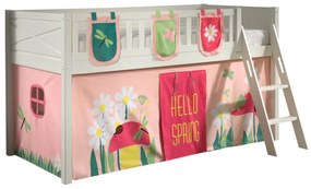 Pat semi-supraetajat pentru copii SCOTT, alb, 90 x 200 cm, din pin scandinav masiv, cu scară, opțional cu sertare pentru depozitare și textil SPRING