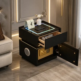LUNÉA — Noptieră inteligentă cu seif integrat, încărcare wireless, Bluetooth Stereo, iluminare RGB, USB + Type-C și senzor de mișcare, Negru