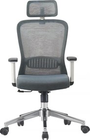 Scaun ergonomic, Spătar Mesh Respirabil, Suport Lombar Reglabil 2D, Tetiera Reglabila, Mecanism Balans Si Inclinare 90–125°, Reglare Pe Inaltime, Pivotant 360°, Baza Metalica Stabila, Roti Silentioase, Gri/Alb