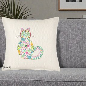 Perna Decorativa Pisica Florala Acuarela, 40x40 cm, Crem Reliefat, Husa Detasabila, Perna Inclusa, BEKZ®