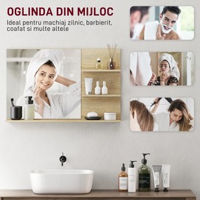 kleankin Oglindă de Baie cu 2 Rafturi Laterale și Raft Inferior, Culoare Lemn | Aosom Romania