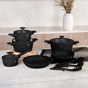 Set oale si tigai cu capace, 15 piese Monaco Berlinger Haus BH 8246, antiaderente, titan, negru