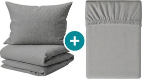 Set lenjerie de pat krep DENYX BLEND gri + Cearsaf Jersey 180 x 200 cm gri deschis, pat dublu
