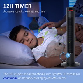 HOMCOM Ventilator Turn cu 4 Moduri și 3 Viteze cu Cronometru 12h, Ventilator de Podea ABS cu Telecomandă, 31,5x31,5x96 cm, Negru | Aosom Romania