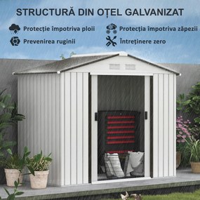 Sopron de gradina din tabla de otel, casuta de gradina cu usi glisante, pentru depozitare si organizare 213x130x185 cm, alb Outsunny | Aosom Romania