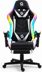 Scaun gaming, sistem iluminare bandă LED RGB, masaj în perna lombară, suport picioare, Negru/Alb