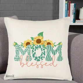 Cadou pentru Mama - Perna Personalizata Mom Blessed cu Floarea Soarelui Animal Print Teal, 40x40 cm, Crem Reliefat, Husa Detasabila, Perna Inclusa, BEKZ®