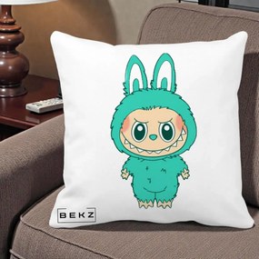 Perna Personalizata Labubu Turcoaz, 40x40 cm, Alba Mata, Husa Detasabila, Perna Inclusa, BEKZ®