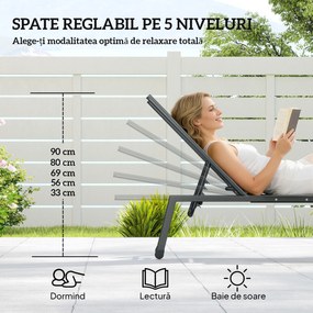 Outsunny Set 2 Șezlonguri Reglabile în 5 Poziții cu Măsuță Laterală și 2 Roți, din Metal și Poliester, Gri | Aosom Romania