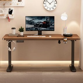 Birou reglabil în înălțime, două motoare electrice ridicare, suport caști, suport pahar, 140x60 cm, Nuc