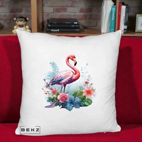Perna Decorativa Flamingo cu Flori Tropicale Acuarela, 40x40 cm, Alb Pufos, Husa Detasabila, Perna Inclusa, BEKZ®