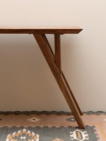 Masă consolă eclectică din lemn de acacia, maro, cu blat teșit și picioare oblice prinse în triunghi, 76 x 133 x 41 cm, „Avila”