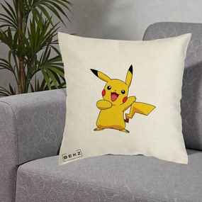 Perna Personalizata Pikachu Fericit, 40x40 cm, Ecru, Husa Detasabila, Perna Inclusa, BEKZ®