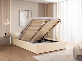 Pat matrimonial crem tapițat cu spațiu de depozitare cu somieră 200x200 cm Cille – Ropez