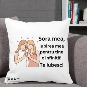 Cadou pentru Sora - Perna Personalizata Sora Mea Te Iubesc Imbratisare cu Sclipiri, 40x40 cm, Alba Mata, Husa Detasabila, Perna Inclusa, BEKZ®