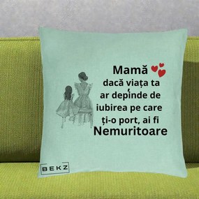 Cadou pentru Mama - Perna Personalizata Mama Nemuritoare Line Art, 40x40 cm, Verde Menta, Husa Detasabila, Perna Inclusa, BEKZ®