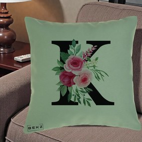 Cadou Personalizat - Perna Personalizata Monograma Florala Litera K, 40x40 cm, Verde, Husa Detasabila, Perna Inclusa, BEKZ®